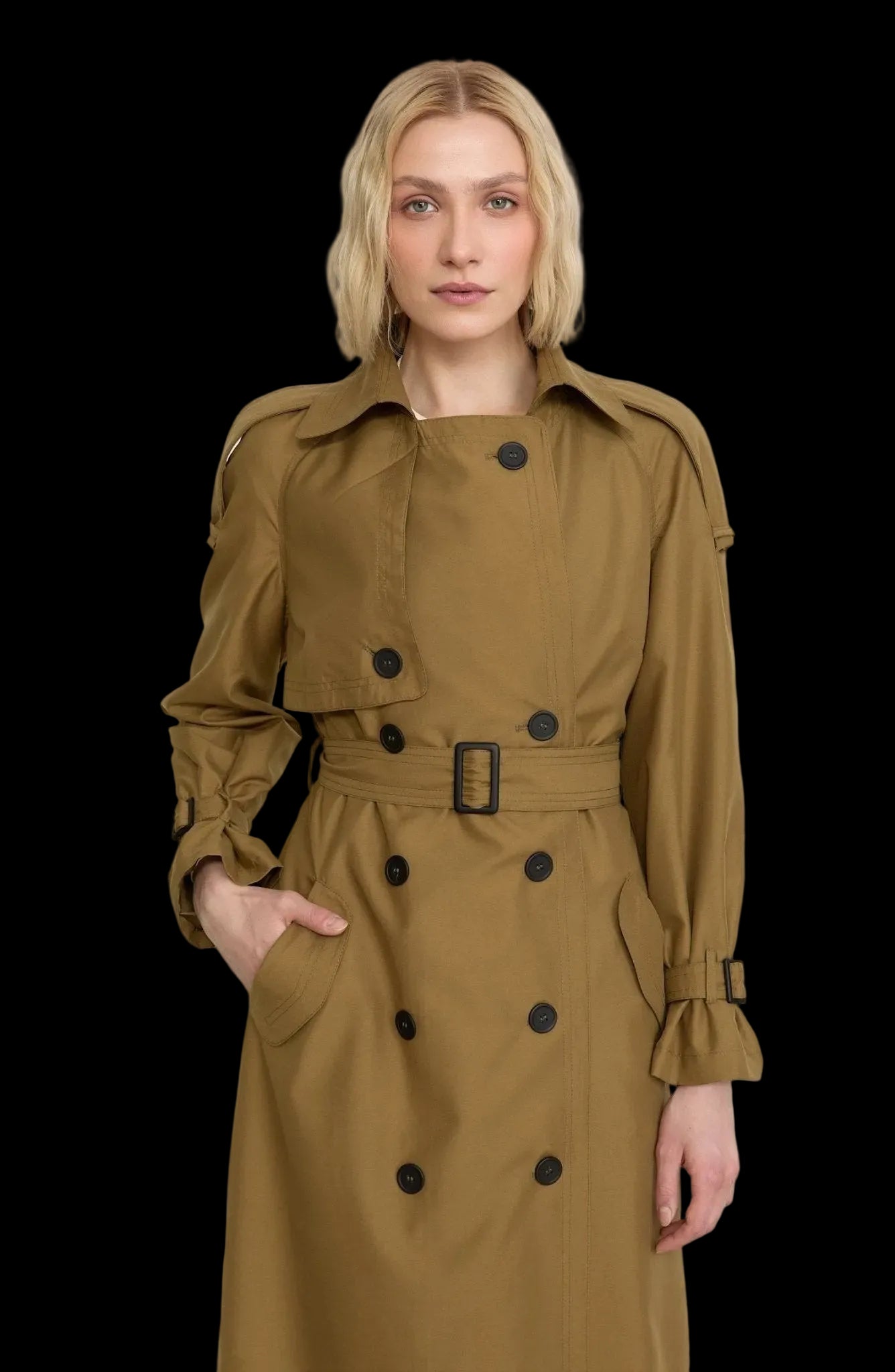 Apoletli Yağ Yeşili Oversize Trençkot - Fatma Atasoy