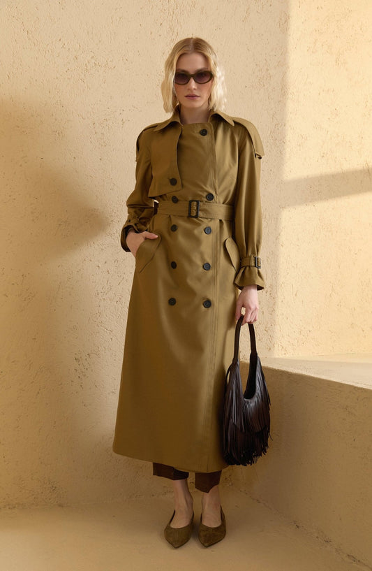 Apoletli Yağ Yeşili Oversize Trençkot - Fatma Atasoy