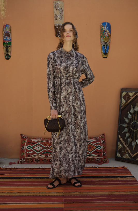 Bağlamalı Acı Kahve Animal Desenli Viskon Elbise - Fatma Atasoy