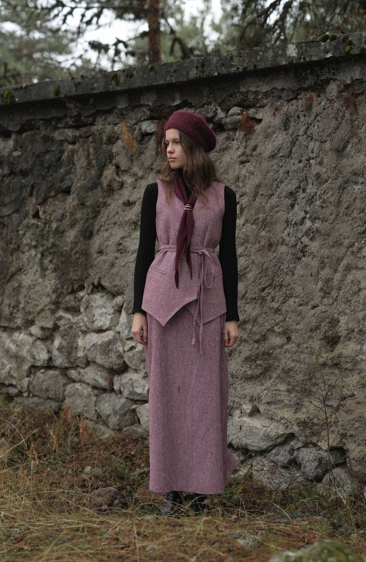 Bağlamalı Bordo Tüvit Yelek Etek Takım - Fatma Atasoy