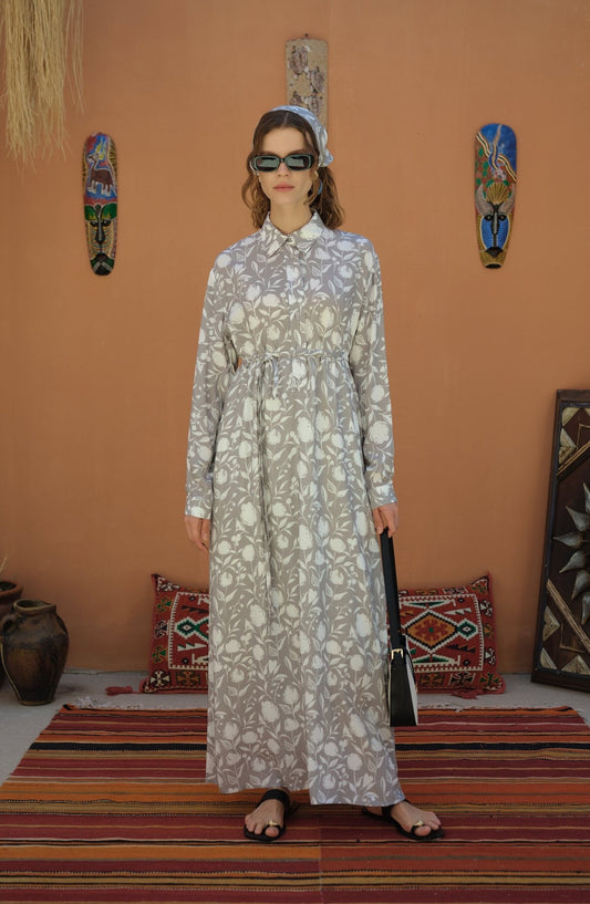 Bağlamalı Gri Floral Desenli Viskon Elbise - Fatma Atasoy
