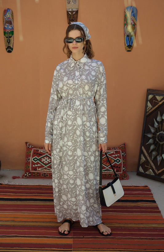Bağlamalı Gri Floral Desenli Viskon Elbise - Fatma Atasoy