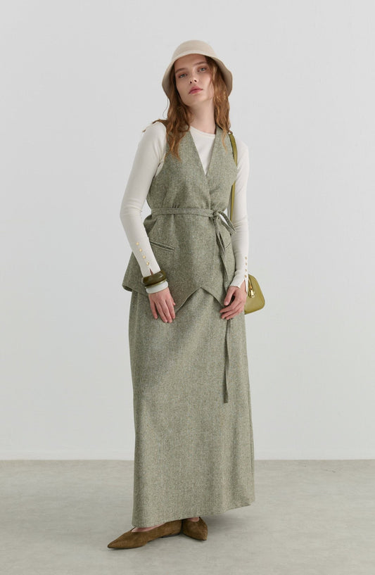 Bağlamalı Haki Tüvit Yelek Etek Takım - Fatma Atasoy