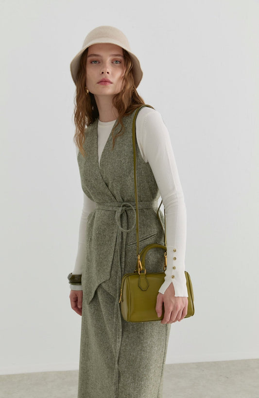 Bağlamalı Haki Tüvit Yelek Etek Takım - Fatma Atasoy