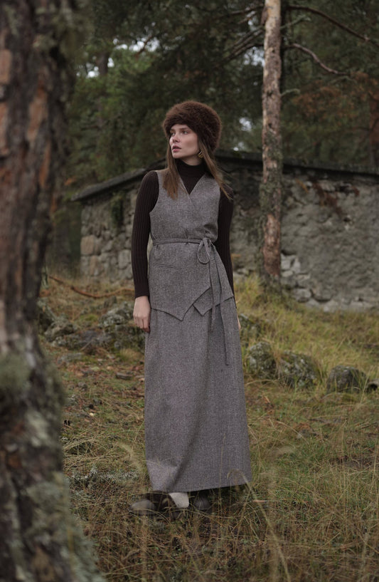 Bağlamalı Kahverengi Tüvit Yelek Etek Takım - Fatma Atasoy