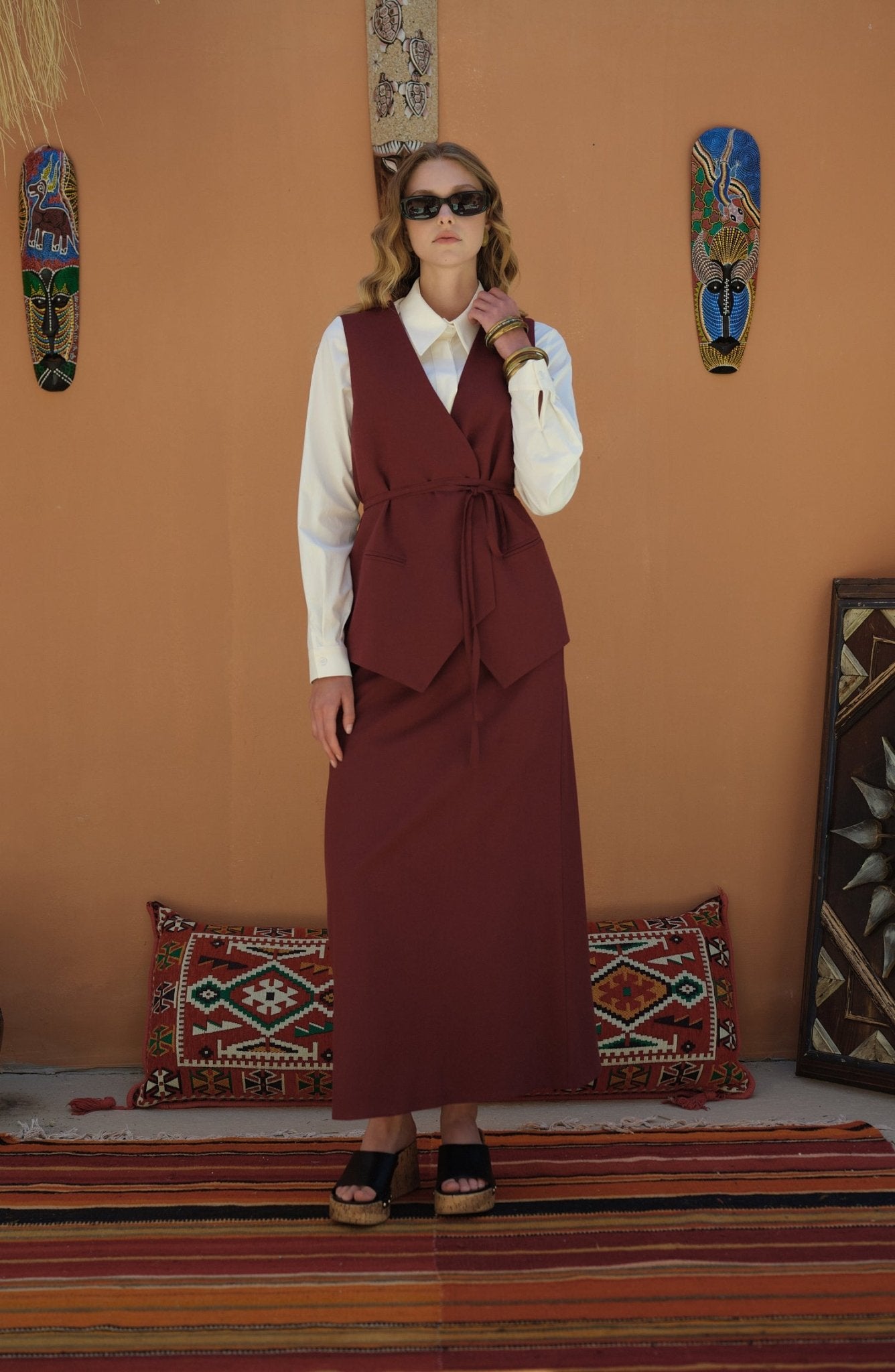 Bağlamalı Keten Bordo Yelek Etek Takım - Fatma Atasoy