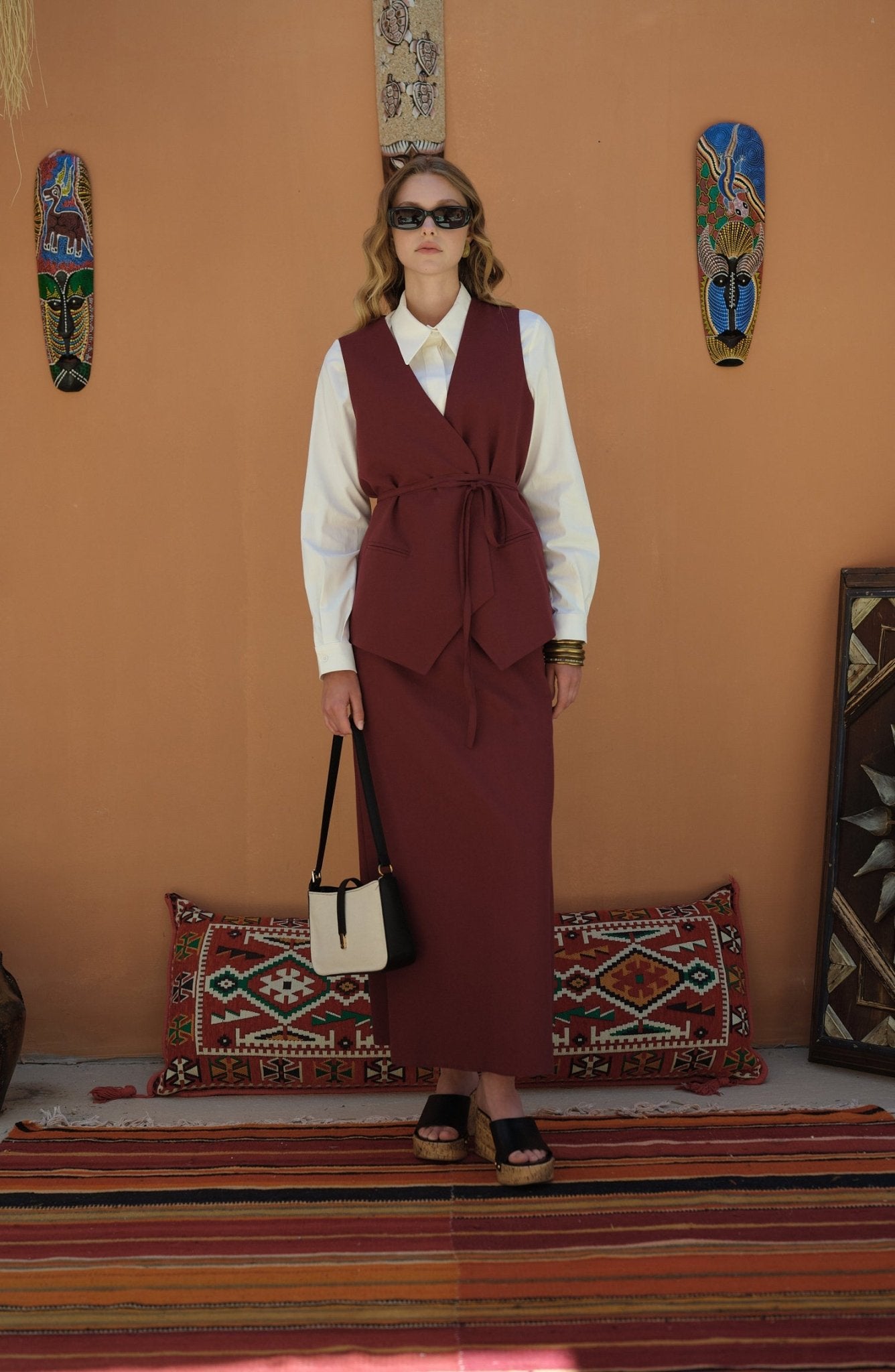 Bağlamalı Keten Bordo Yelek Etek Takım - Fatma Atasoy