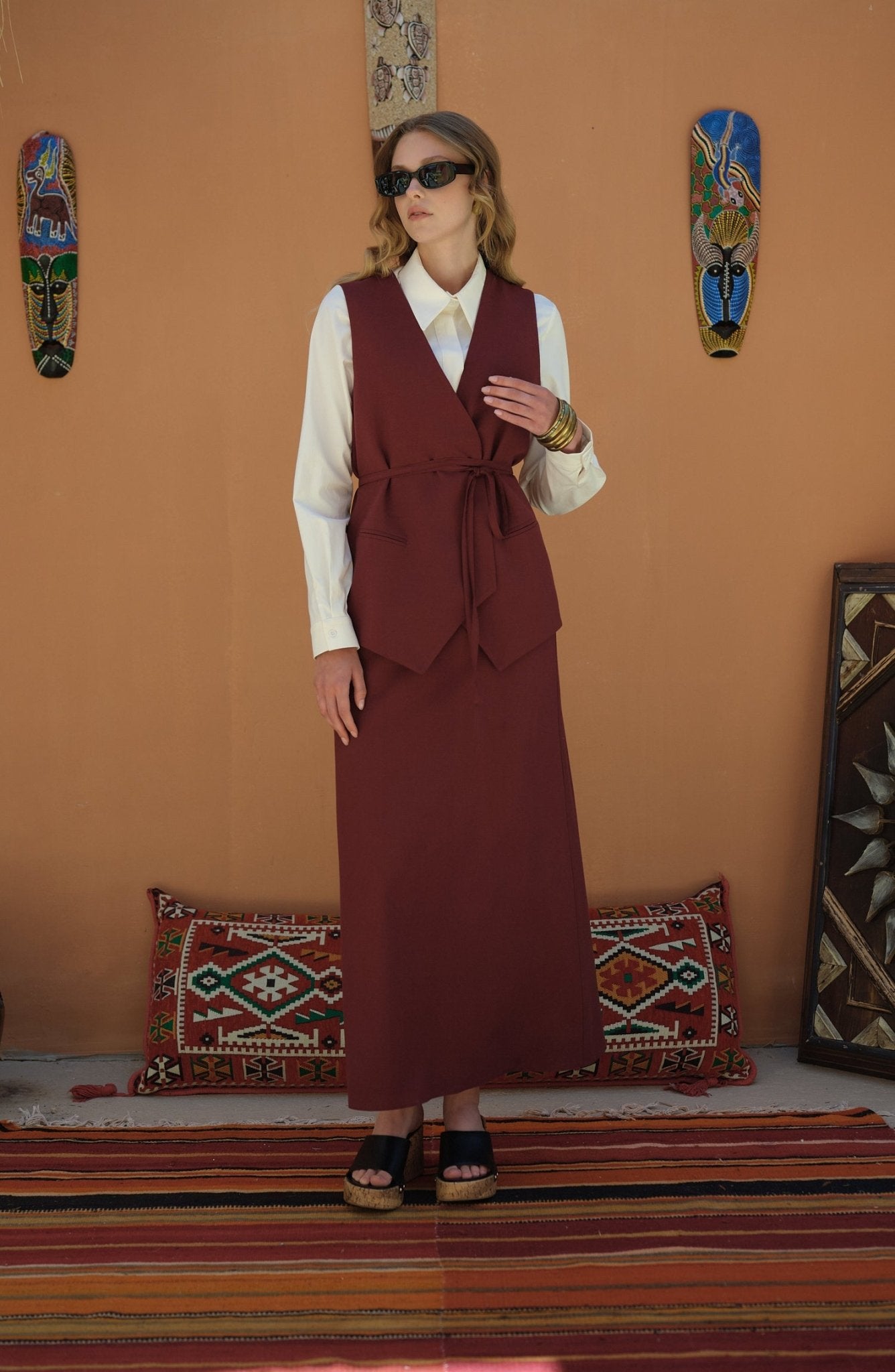 Bağlamalı Keten Bordo Yelek Etek Takım - Fatma Atasoy