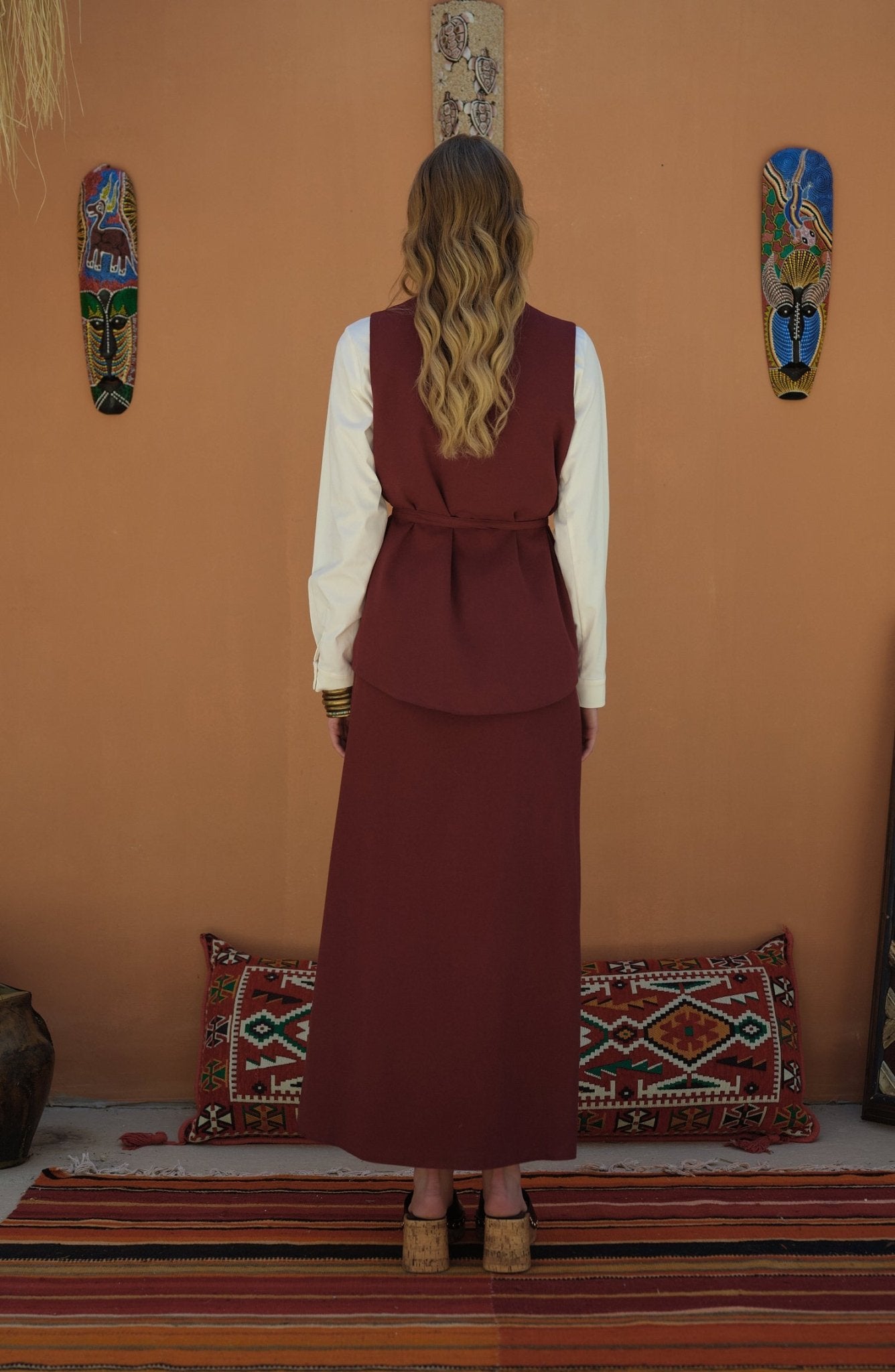Bağlamalı Keten Bordo Yelek Etek Takım - Fatma Atasoy