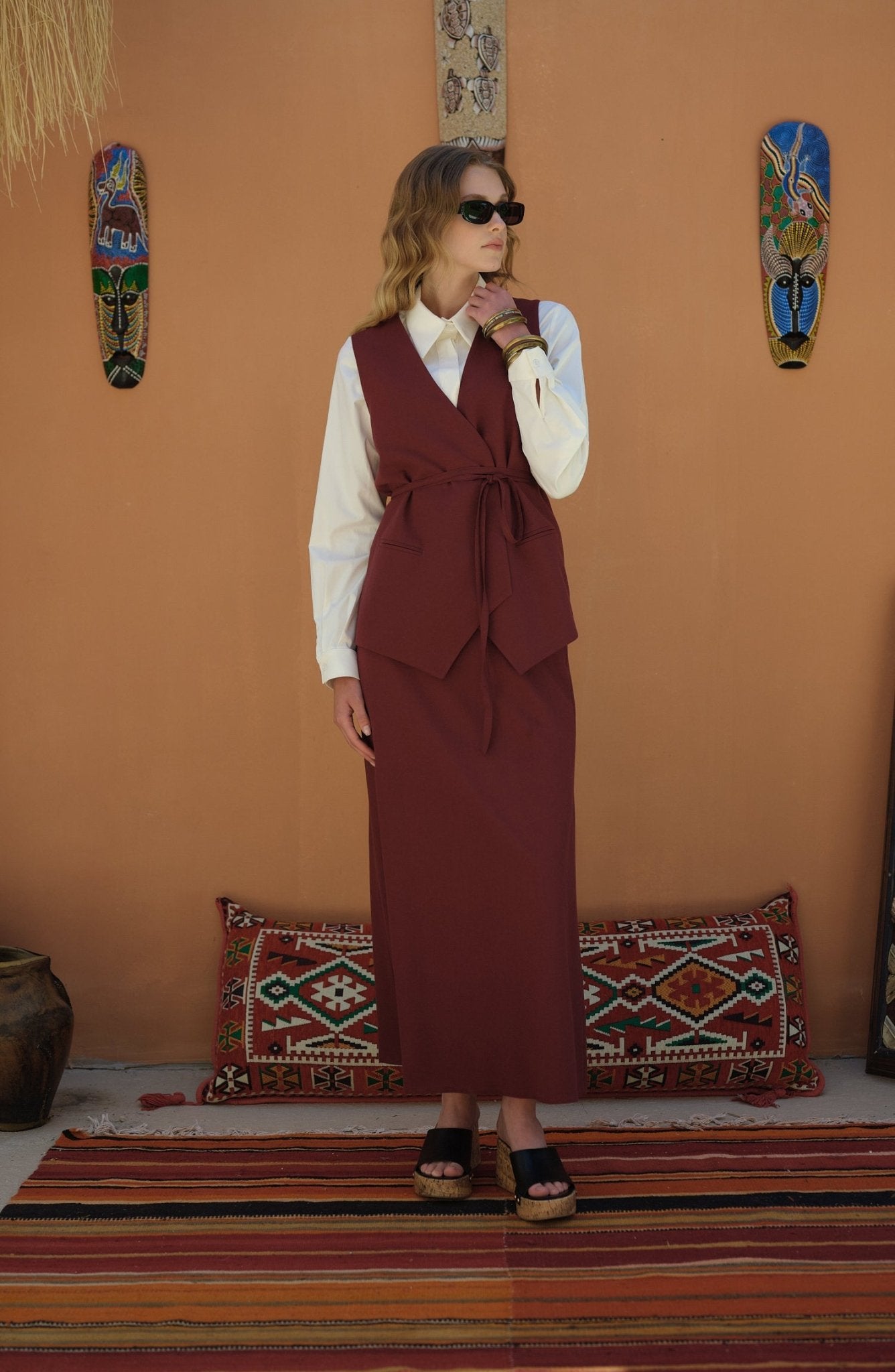 Bağlamalı Keten Bordo Yelek Etek Takım - Fatma Atasoy