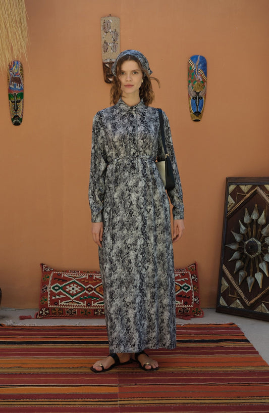 Bağlamalı Siyah Animal Desenli Viskon Elbise - Fatma Atasoy