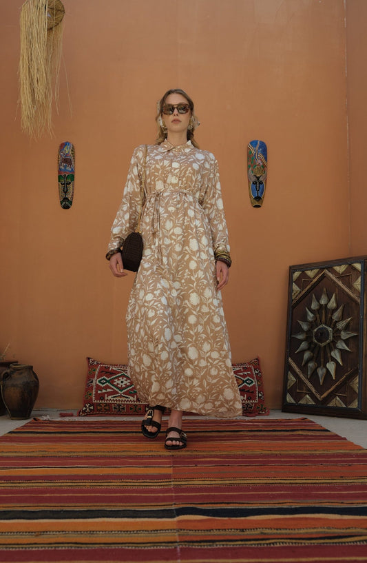 Bağlamalı Sütlü Kahve Floral Desenli Viskon Elbise - Fatma Atasoy