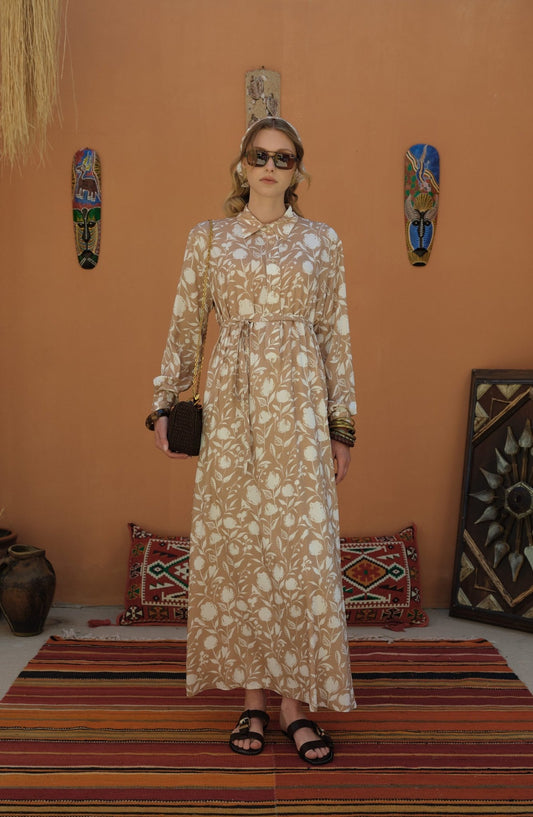 Bağlamalı Sütlü Kahve Floral Desenli Viskon Elbise - Fatma Atasoy