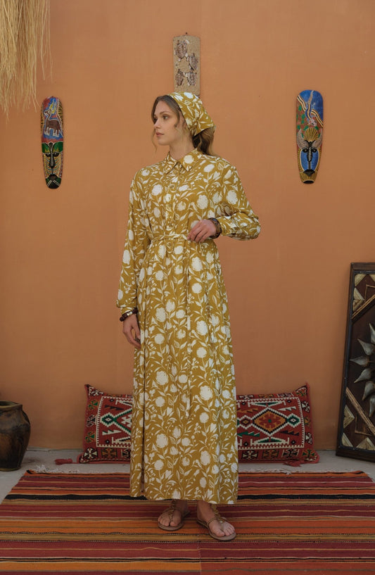 Bağlamalı Yağ Yeşili Floral Desenli Viskon Elbise - Fatma Atasoy