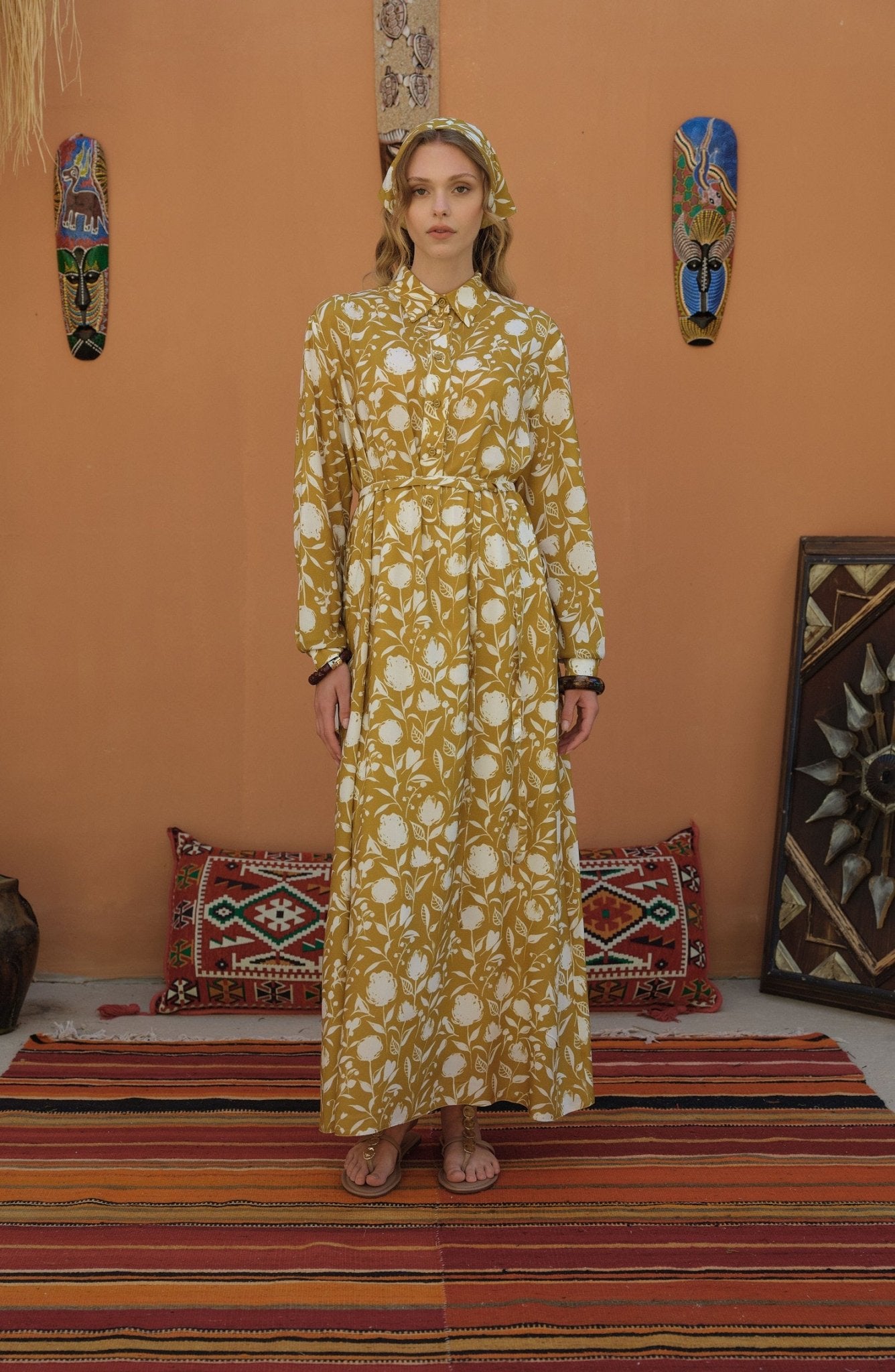 Bağlamalı Yağ Yeşili Floral Desenli Viskon Elbise - Fatma Atasoy