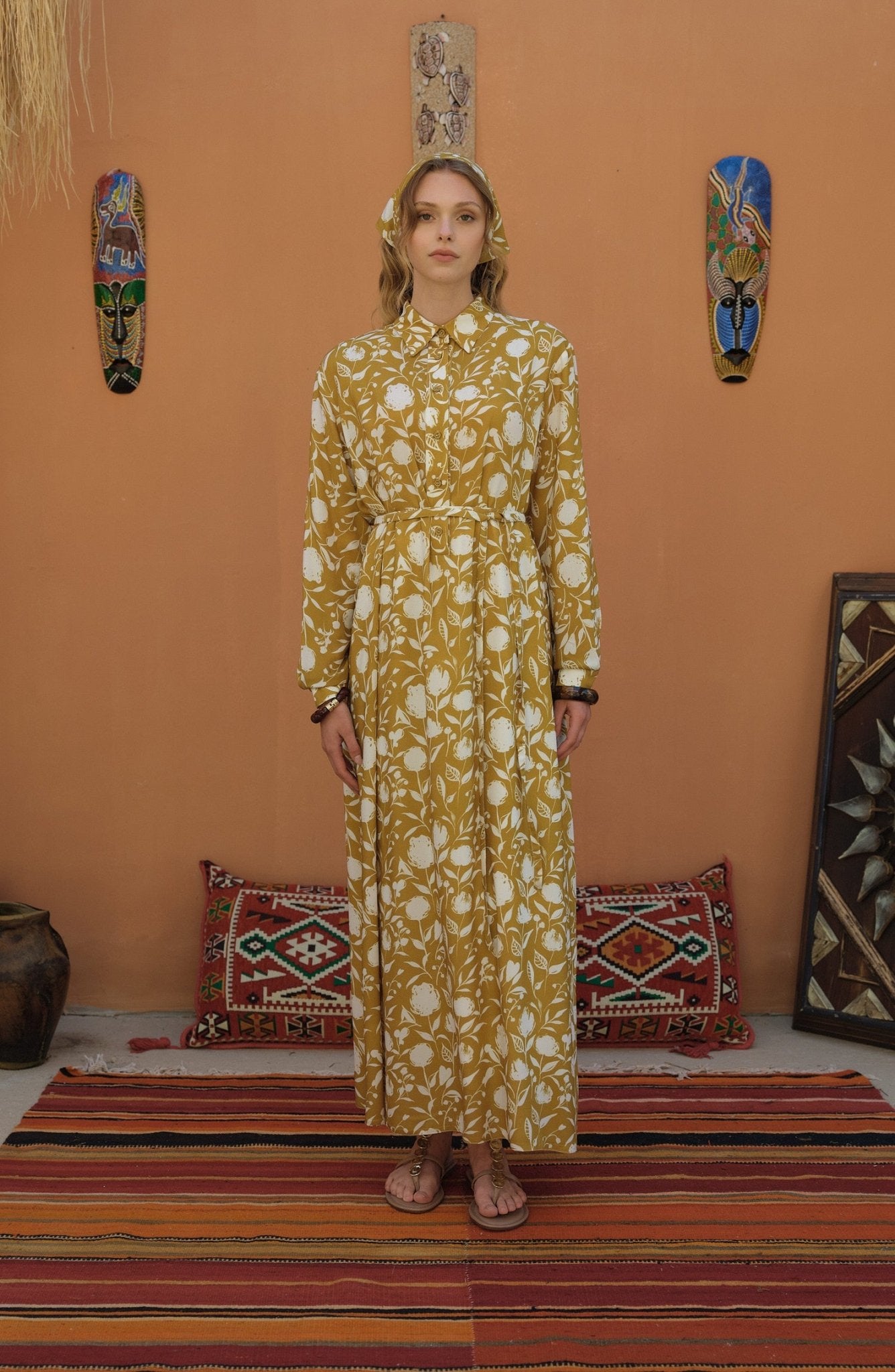 Bağlamalı Yağ Yeşili Floral Desenli Viskon Elbise - Fatma Atasoy