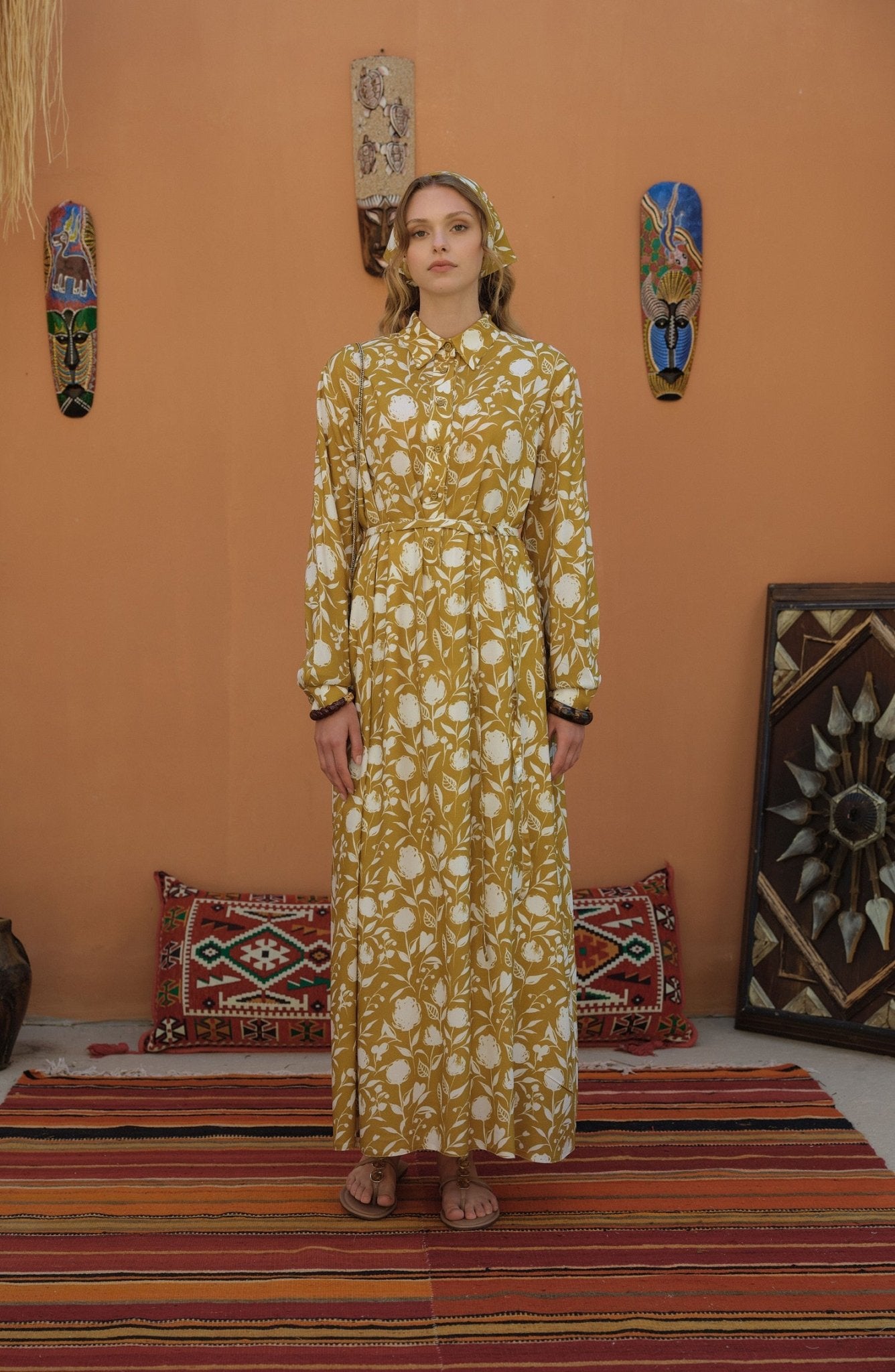 Bağlamalı Yağ Yeşili Floral Desenli Viskon Elbise - Fatma Atasoy