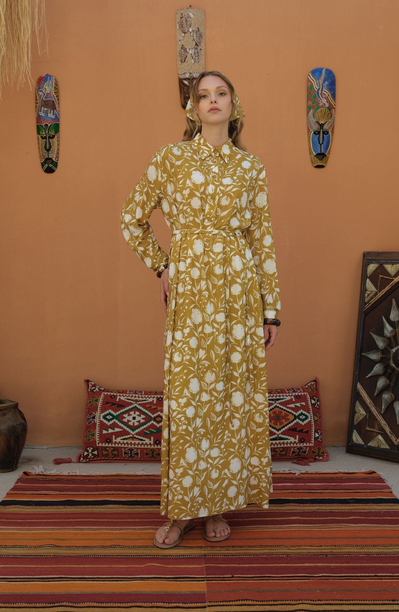 Bağlamalı Yağ Yeşili Floral Desenli Viskon Elbise - Fatma Atasoy