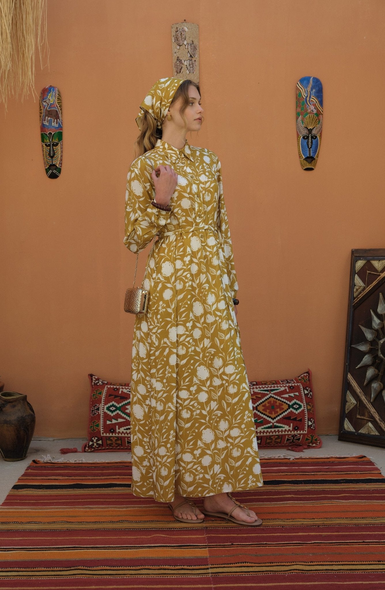 Bağlamalı Yağ Yeşili Floral Desenli Viskon Elbise - Fatma Atasoy