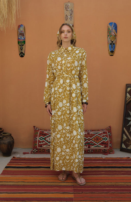 Bağlamalı Yağ Yeşili Floral Desenli Viskon Elbise - Fatma Atasoy