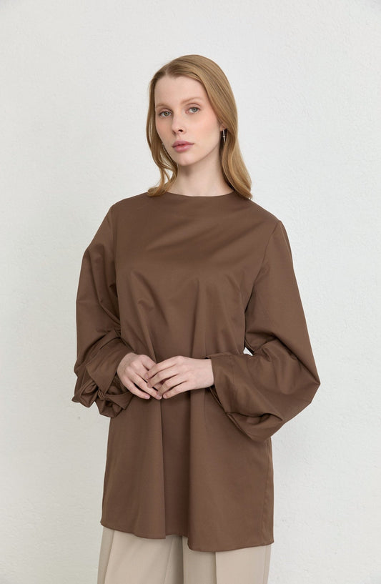 Balon Kol Kahverengi Pamuk Tunik Gömlek - Fatma Atasoy