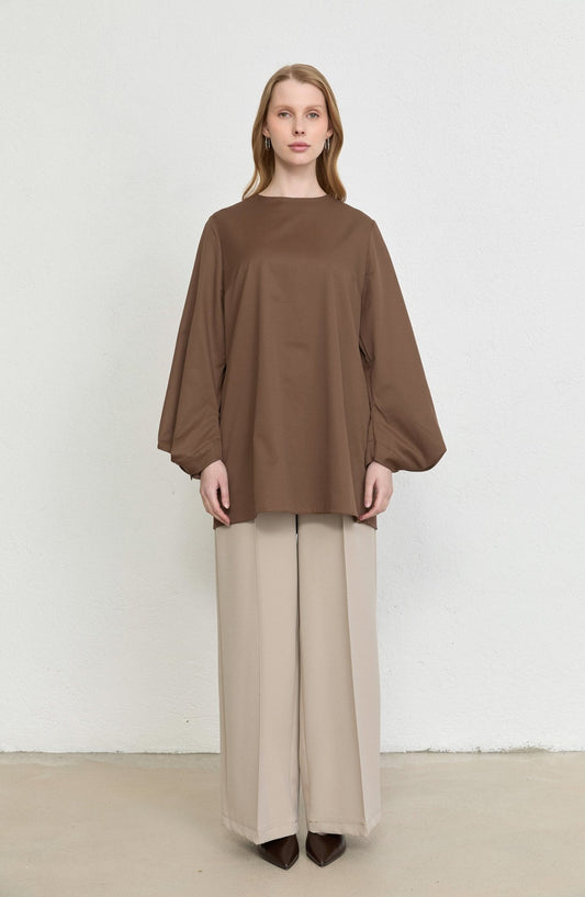 Balon Kol Kahverengi Pamuk Tunik Gömlek - Fatma Atasoy