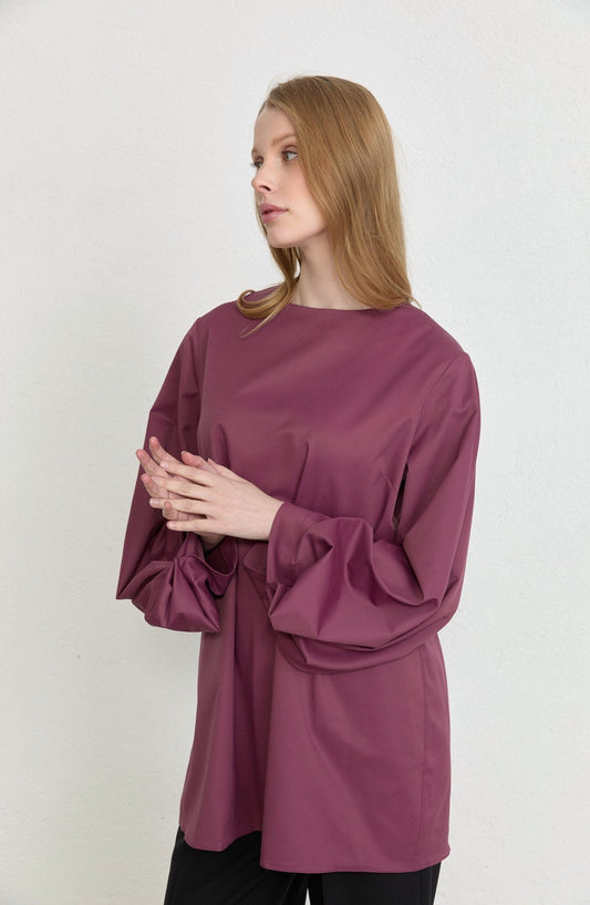 Balon Kol Mürdüm Pamuk Tunik Gömlek - Fatma Atasoy