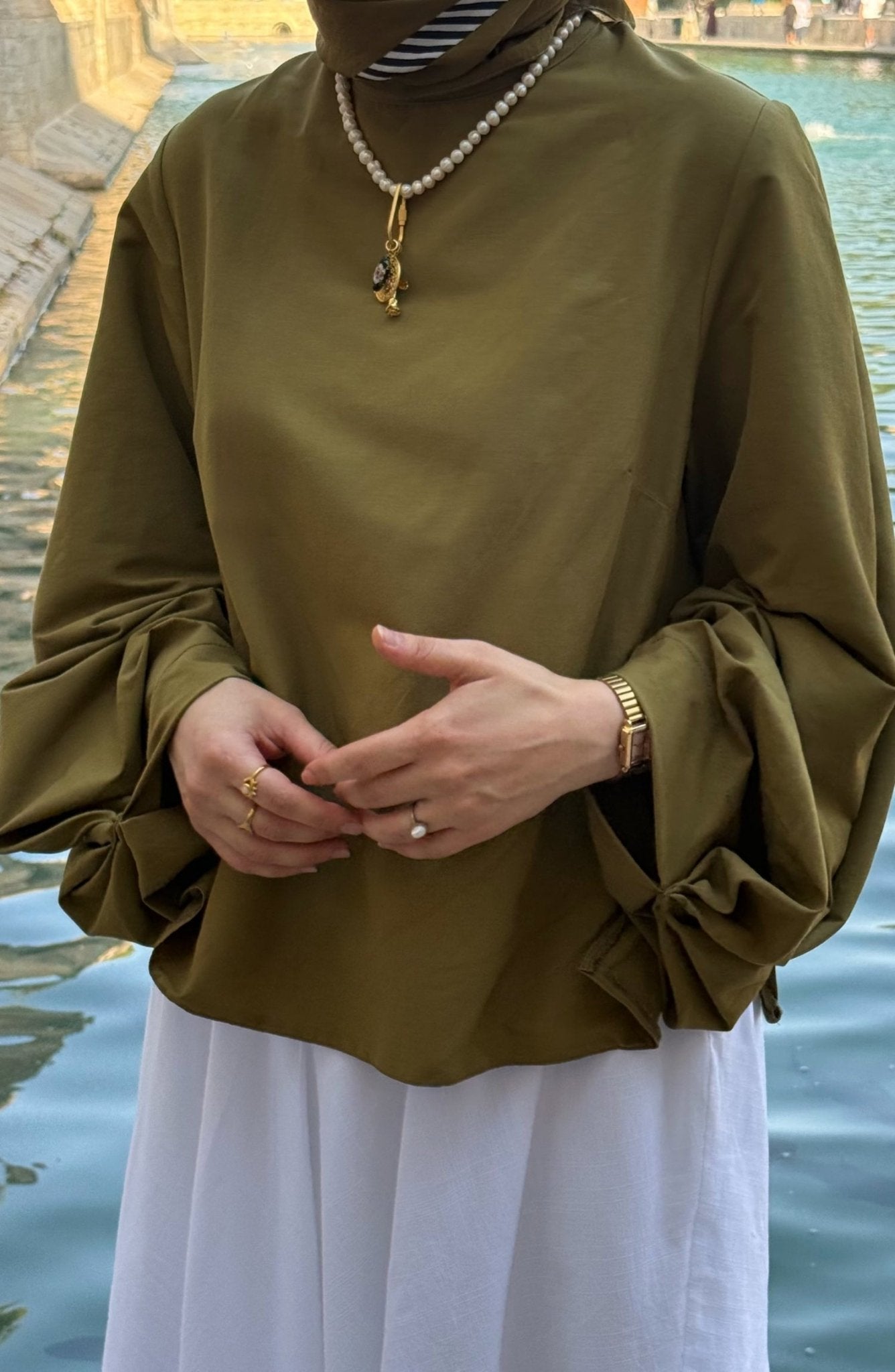 Balon Kol Yağ Yeşili Pamuk Kısa Gömlek Bluz - Fatma Atasoy