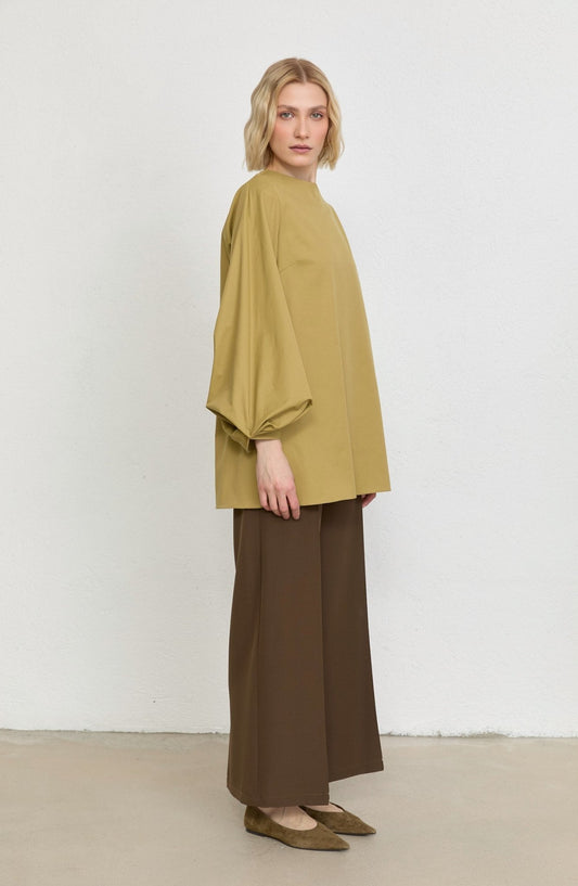 Balon Kol Yağ Yeşili Pamuk Tunik Gömlek - Fatma Atasoy