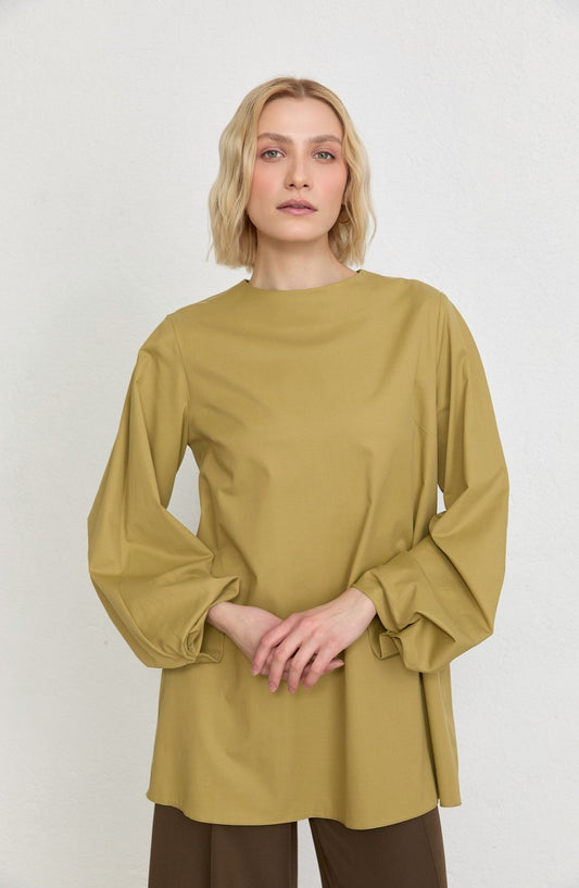Balon Kol Yağ Yeşili Pamuk Tunik Gömlek - Fatma Atasoy