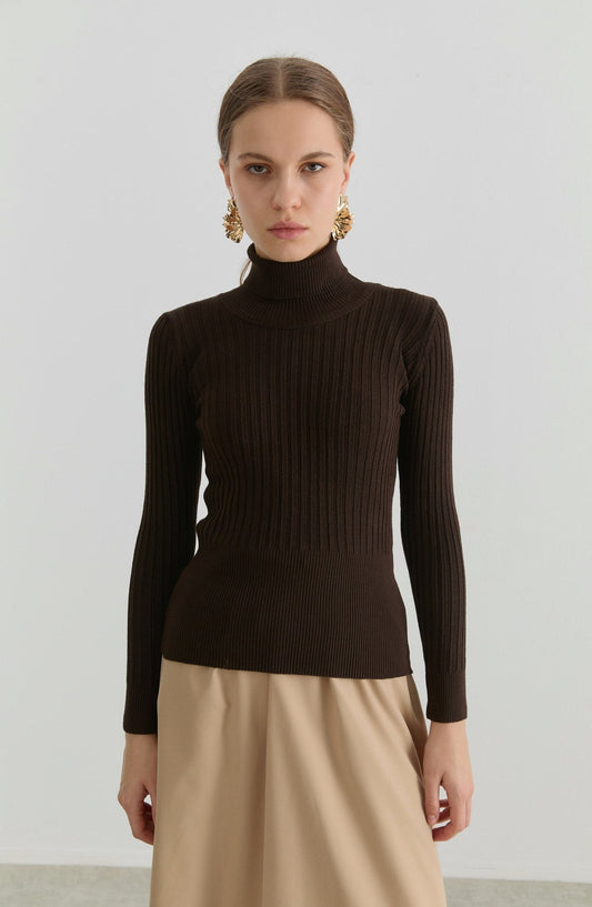 Basic Balıkçı Yaka Acı Kahve Fitilli Triko Kazak - Fatma Atasoy