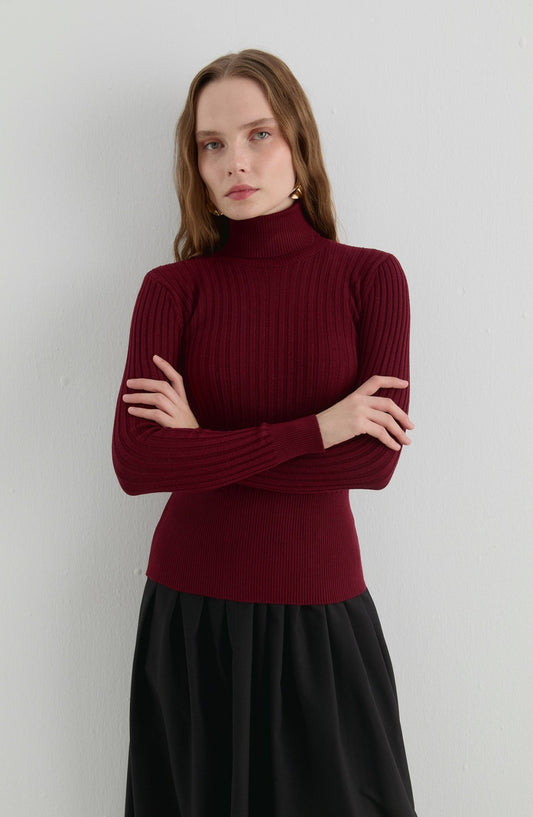 Basic Balıkçı Yaka Bordo Fitilli Triko Kazak - Fatma Atasoy