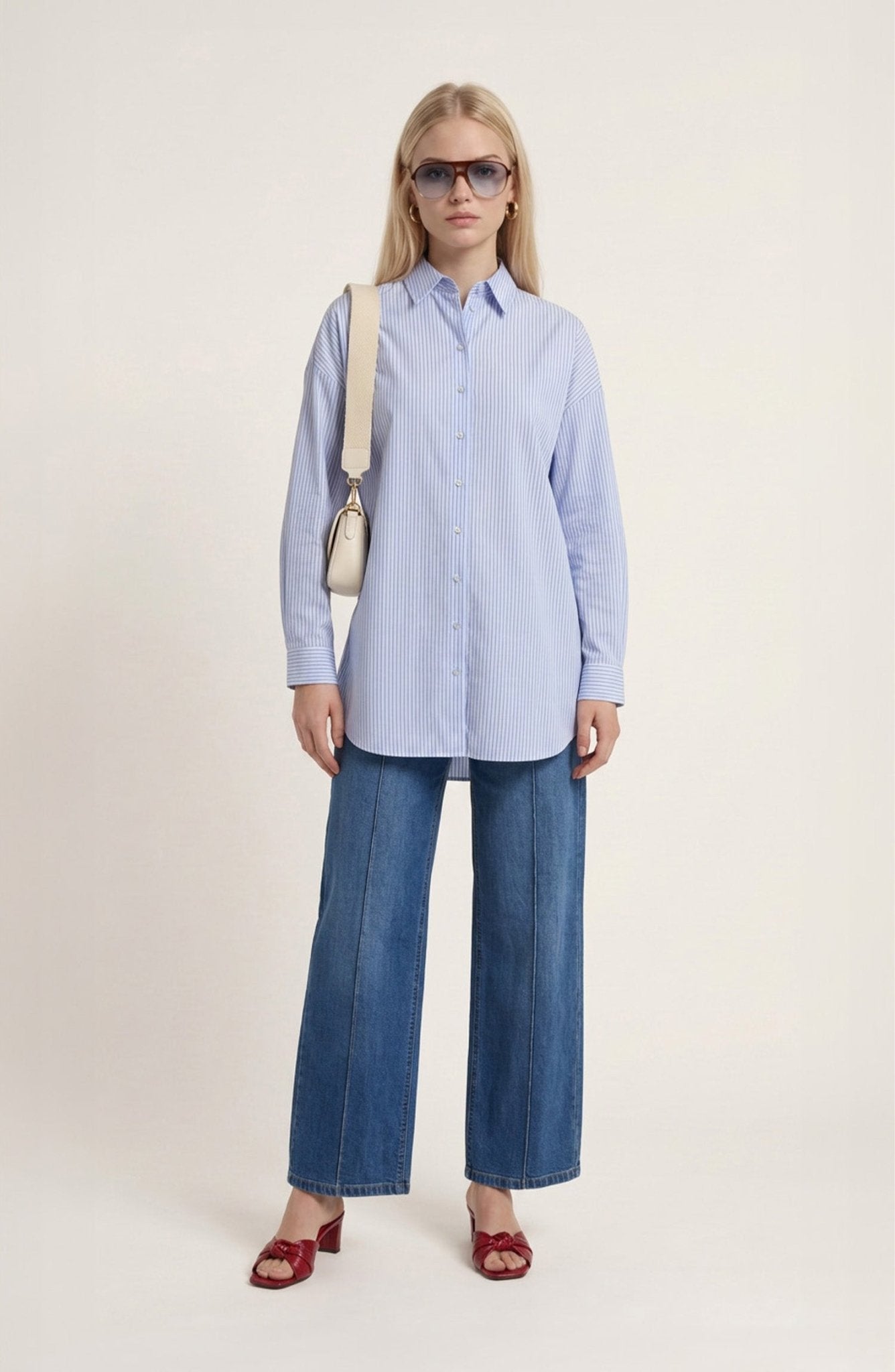 Basic Beyaz Çizgili Oversize Pamuk Gömlek - Fatma Atasoy