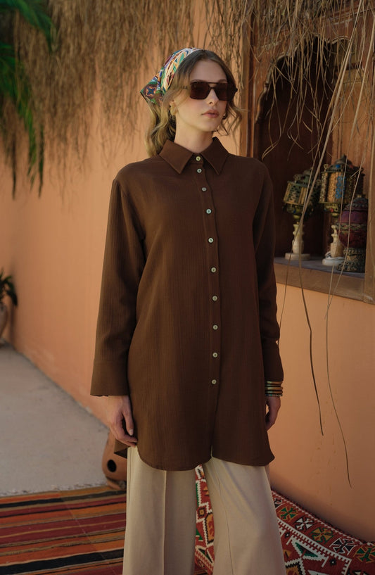 Basic Kahverengi Müslin Gömlek - Fatma Atasoy
