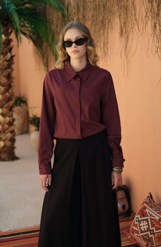 Basic Kısa Vişne Pamuk Gömlek - Fatma Atasoy