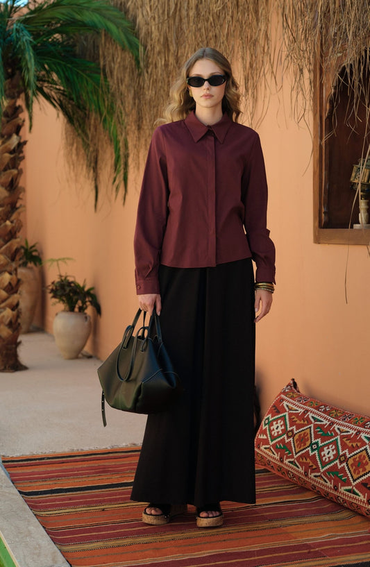 Basic Kısa Vişne Pamuk Gömlek - Fatma Atasoy