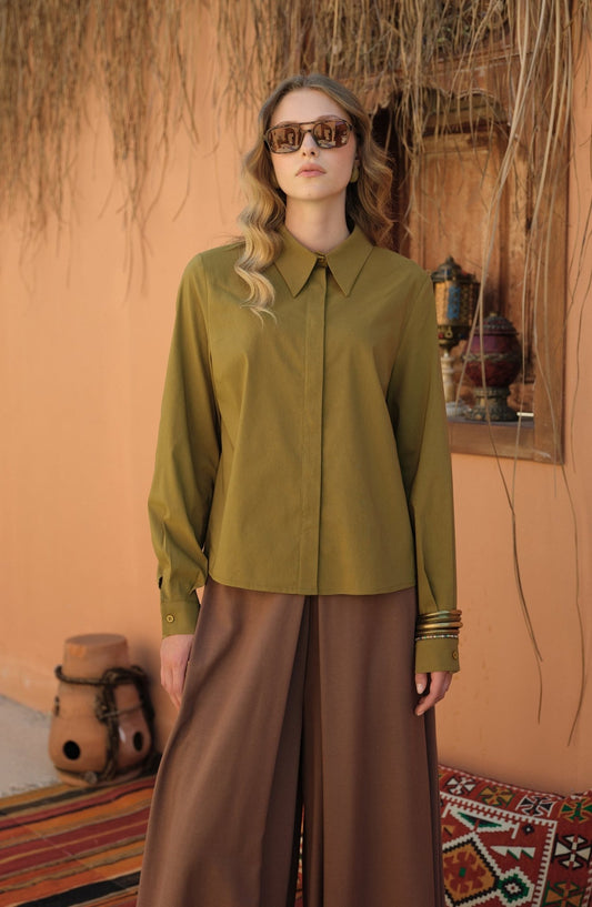 Basic Kısa Yağ Yeşili Pamuk Gömlek - Fatma Atasoy