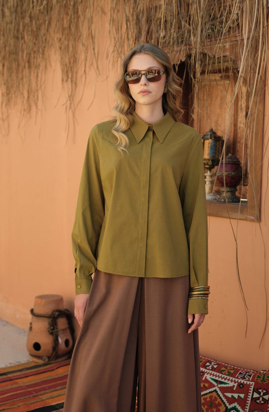 Basic Kısa Yağ Yeşili Pamuk Gömlek - Fatma Atasoy