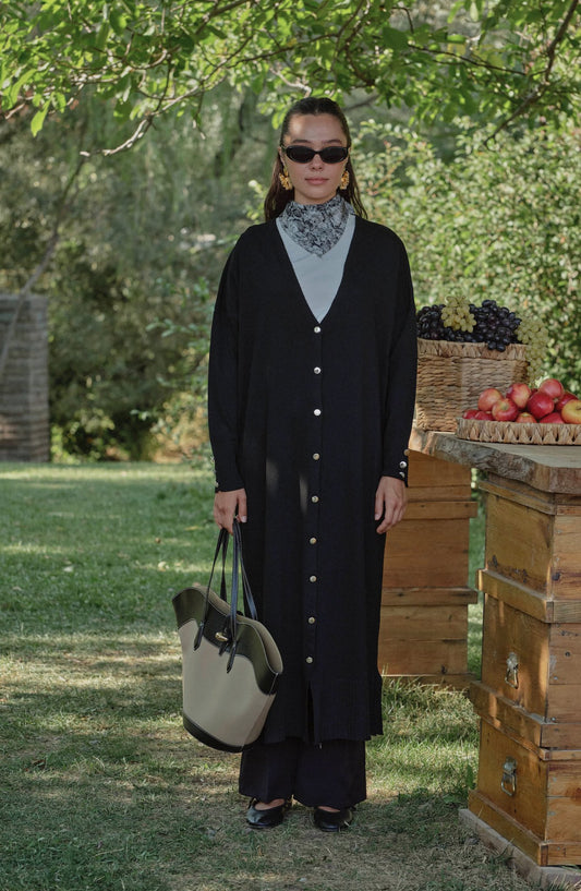 Basic Maksi Siyah Merserize Triko Hırka - Fatma Atasoy