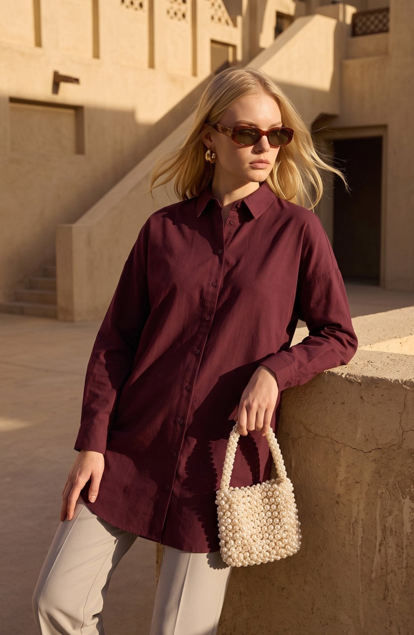 Basic Mürdüm Oversize Pamuk Gömlek - Fatma Atasoy