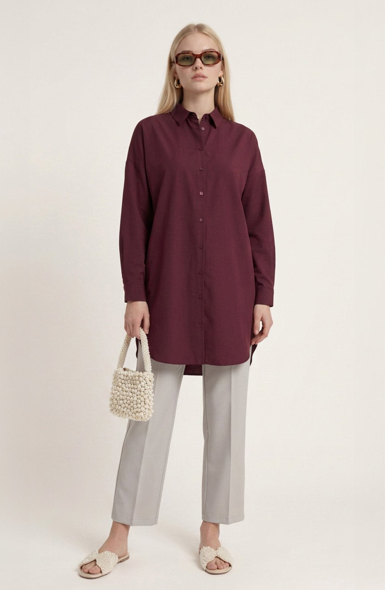 Basic Mürdüm Oversize Pamuk Gömlek - Fatma Atasoy