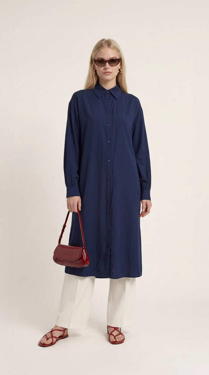 Basic Soft Touch Modal Lacivert Maksi Gömlek Tunik - Fatma Atasoy