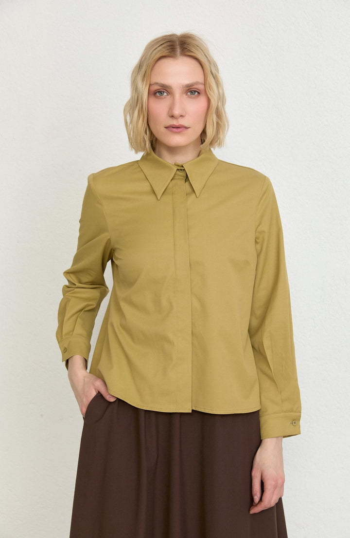 Basic Yağ Yeşili Pamuk Gömlek - Fatma Atasoy