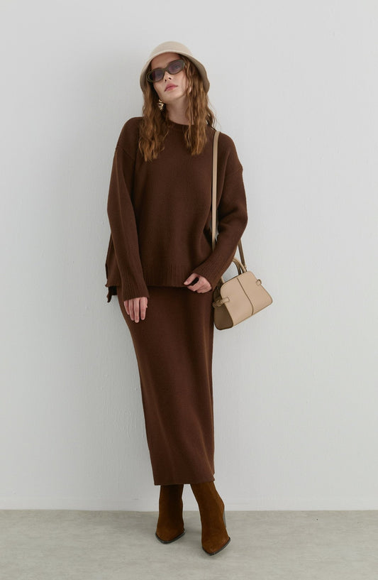 Basic Yumoş Kahverengi Triko Etekli İkili Takım - Fatma Atasoy