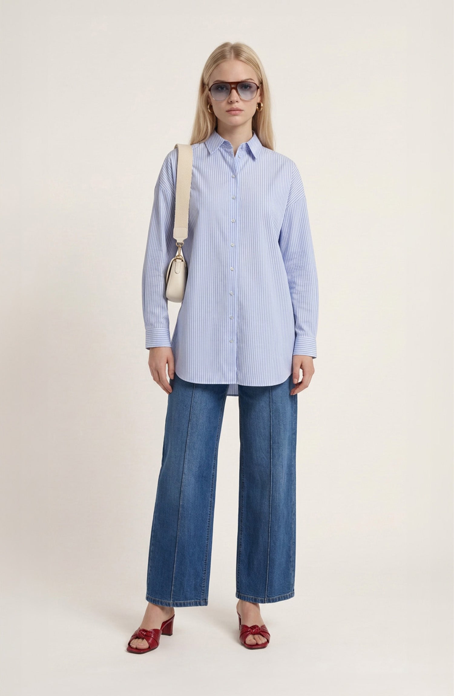 Basic Beyaz Çizgili Oversize Pamuk Gömlek