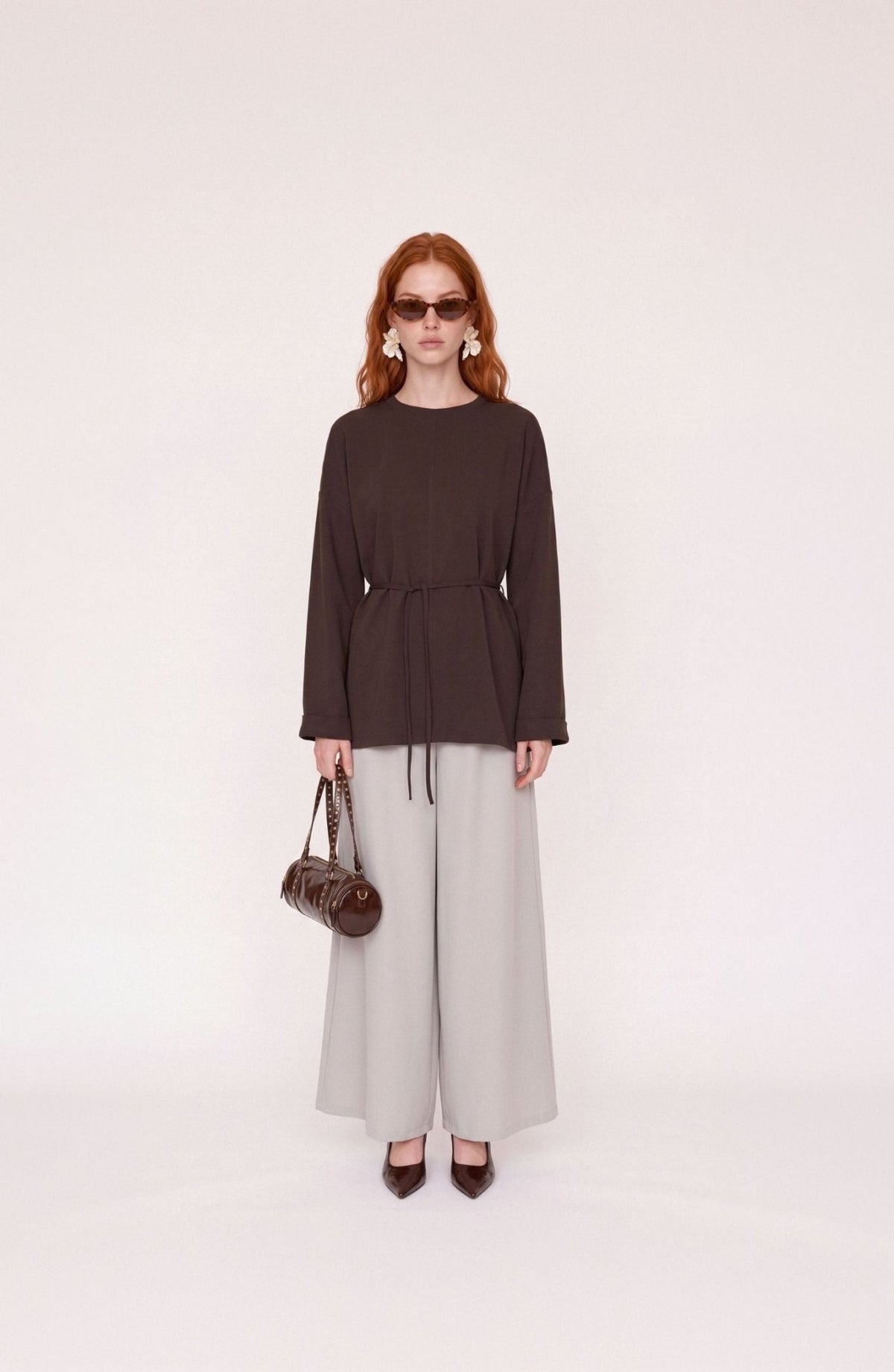 Bel Bağlama Detaylı Acı Kahve Viskon Basic Sweatshirt - Fatma Atasoy