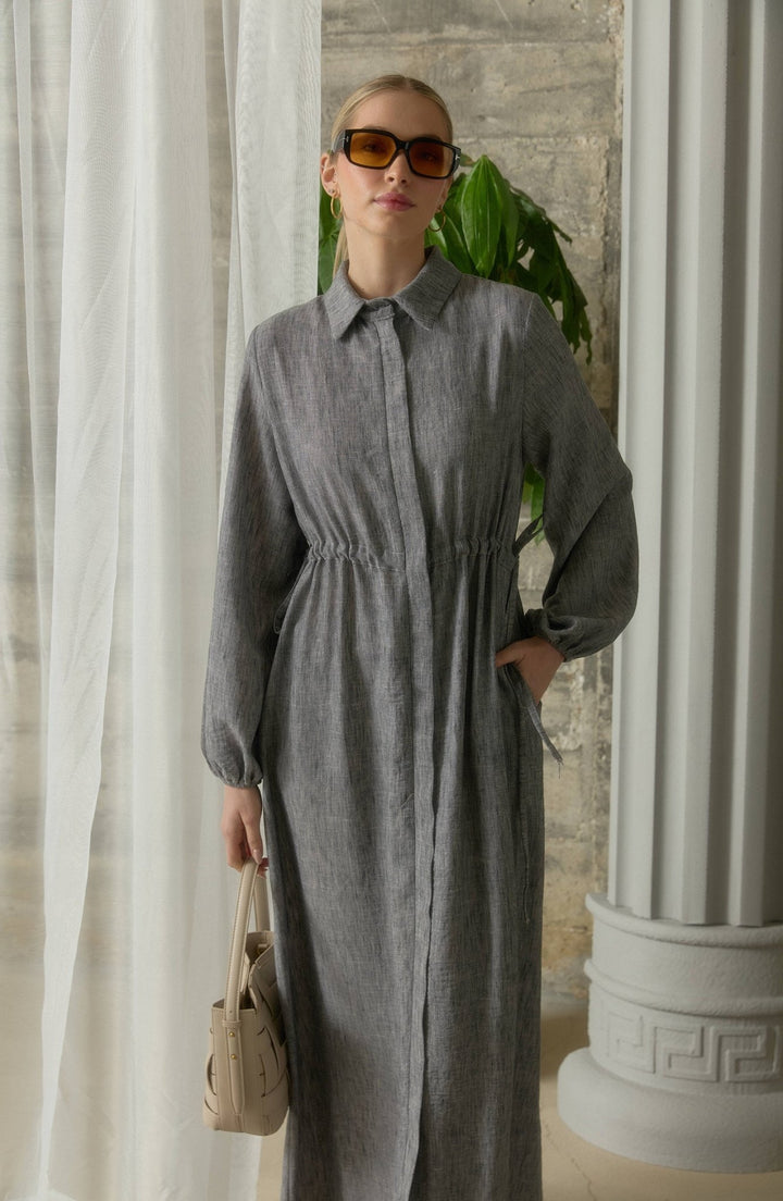 Bel Büzgülü Siyah Keten Ferace Elbise - Fatma Atasoy