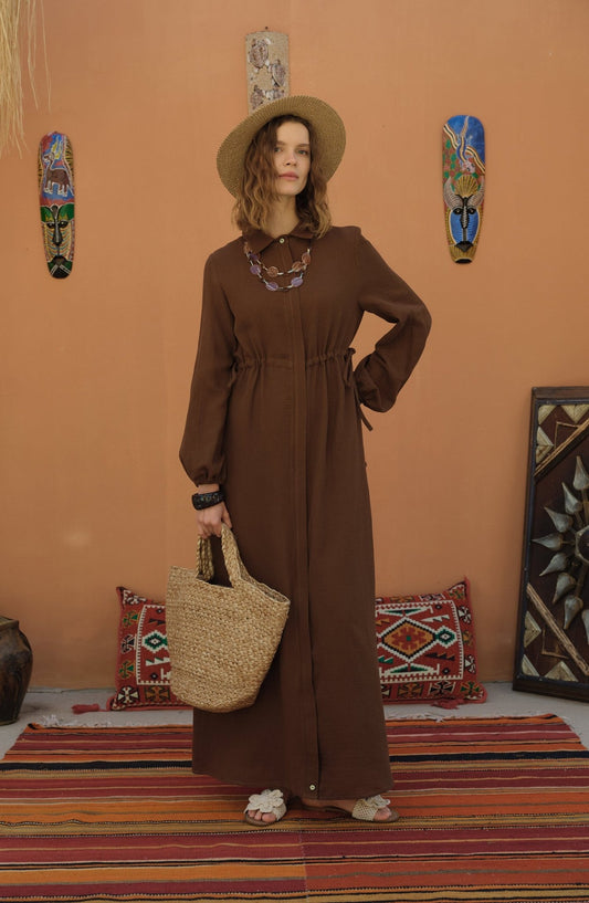 Bel Büzgülü Müslin Kahverengi Ferace Elbise - Fatma Atasoy