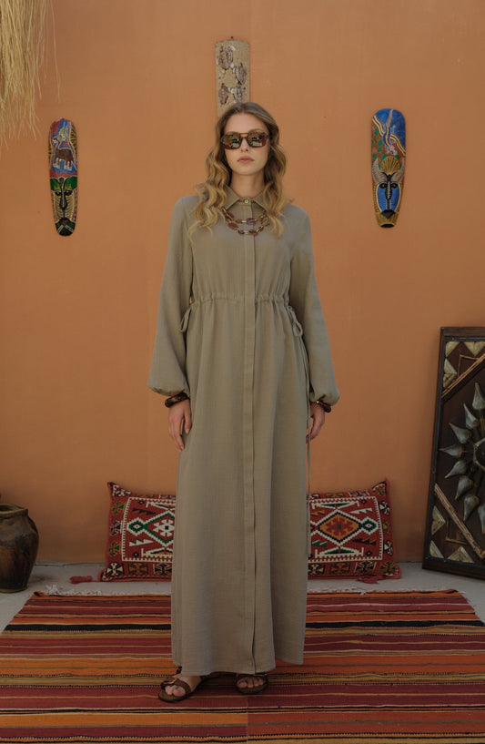 Bel Büzgülü Müslin Vizon Ferace Elbise - Fatma Atasoy