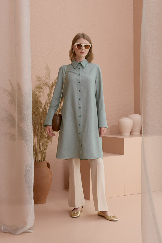 Biyeli Geniş Manşetli Gömlek Mint - Fatma Atasoy